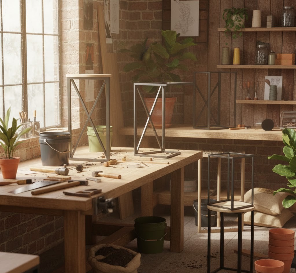 Werkplaats met plantenstandaards